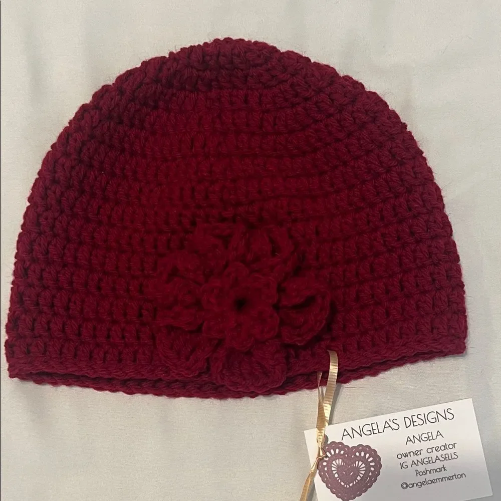 NWT Angelas Designs handmade crochet burgundy one of a kind hat with flower